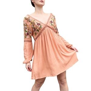 Alter’d State Floral Embroidered Bohemian Long Sleeve Mini Dress Small
